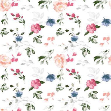 suluboya çiçekler, yapraklar ve tomurcuklar, kusursuz çiçek desenleri.