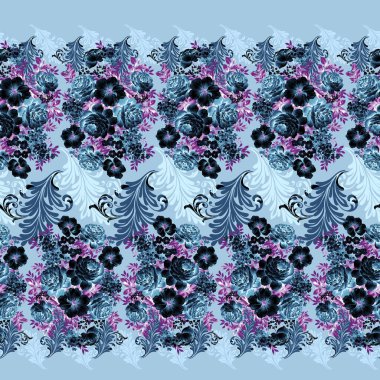 Mavi ve gri çiçekler. Çiçekli suluboya. Kusursuz desen. kumaş izi.