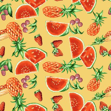 suluboya el çizimi meyveler ve vektör illüstrasyonuyla kusursuz arkaplan