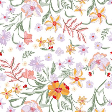 Çiçeksiz desenli, renkli yapraklı ve çiçekli. suluboya el çizimi.