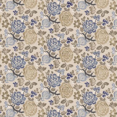 Mavi, bej ve bej renklerinde kusursuz çiçek deseni.