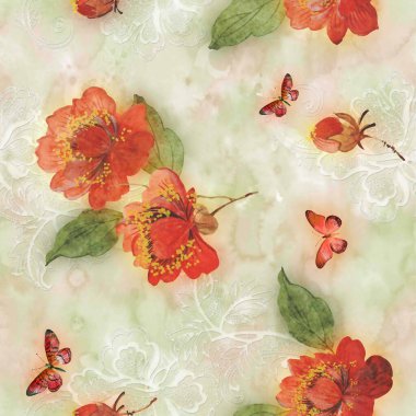 Kelebekler, güller, kelebekler, kelebekler ve kelebekler ile suluboya desenli beyaz arka plan, elle çizilmiş suluboya çizimi