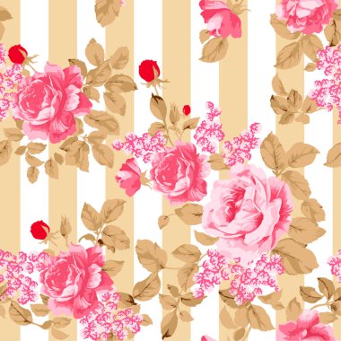 Çiçeksiz desenli pembe güller ve altın yapraklar, elle boyanmış suluboya