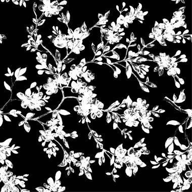 Vektörsüz çiçek deseni. Siyah arkaplanda el çizimi çiçekler.