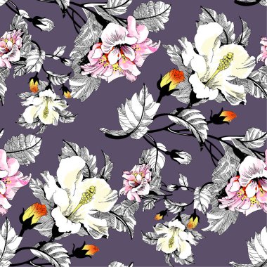 Çiçek açan çiçekler ve dallarla desensiz çiçek deseni