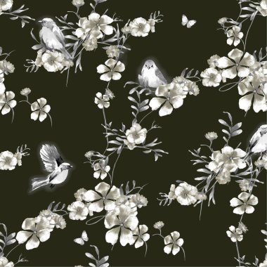 Kuşlar ve çiçeklerle kusursuz çiçek deseni
