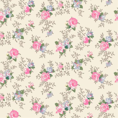 Çiçeksiz desenli, bej arka planda yaprakları ve çiçekleri var. Çiçek arkaplanı. vektör illüstrasyonu.