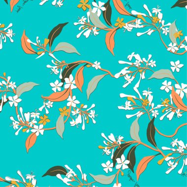 Mavi arka planda beyaz çiçeklerin kusursuz deseni. vektör illüstrasyonu.