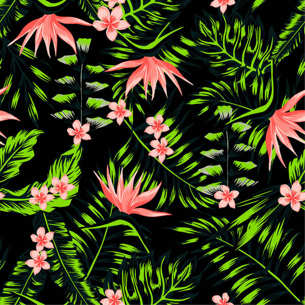 бесшовный узор с тропическими черными цветами и зелеными листьями. Ручной рисунок на темном фоне. вектор.