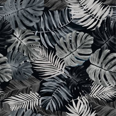 Tropikal palmiye yaprakları deseni, suluboya resim.