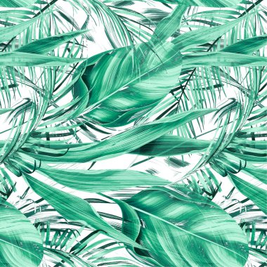 seamless pattern with hand drawn watercolor tropical leaves.