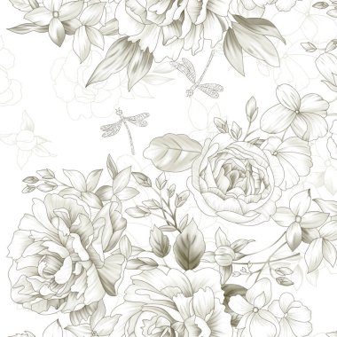 Şakayık desenli kusursuz desen, el çizimi illüstrasyon.