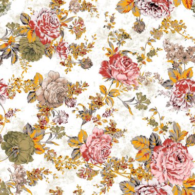 Çiçekler ve yapraklarla kusursuz bir desen. Suluboya elle boyanmış çiçek çizimi.