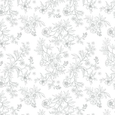 Gri arkaplanda beyaz çiçeklerin kusursuz deseni.