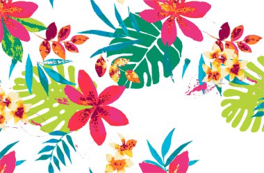 Tropikal yapraklı suluboya desenli. Orman bitkileriyle tropikal desen. Egzotik bitkiler. Yaz mayosu botanik baskısı.