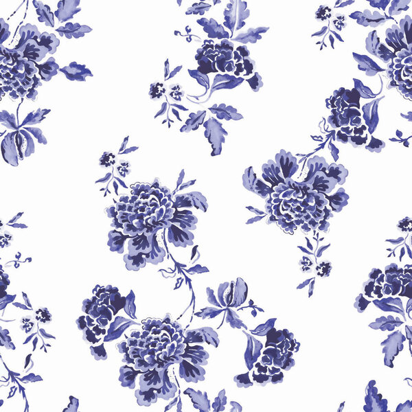 бесшовный синий монохромный цветочный узор с цветами