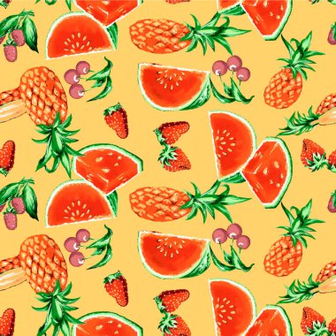 Suluboya elle boyanmış meyvelerle kusursuz desen.