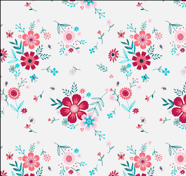 Бесшовный цветочный узор с розовыми цветами и листьями
