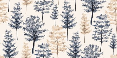 Elle çizilmiş dallar ve ağaçlarla kusursuz bir desen. Suluboya çizimi. Kumaş, ambalaj kağıdı, tekstil baskısı, tebrik kartı, kapak için el boyası arka plan