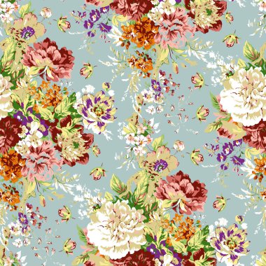 Çiçek ve yapraklı kusursuz çiçek deseni, vektör illüstrasyonu