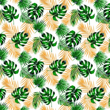 Elle çizilmiş tropikal palmiye ve canavar yaprakları olan kusursuz vektör deseni.