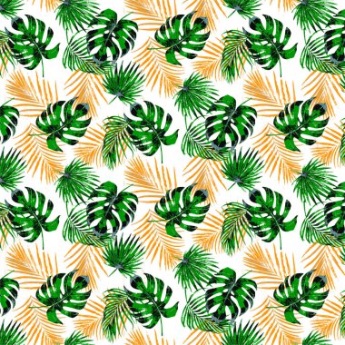 Tropik desen, palmiye yaprağı ve canavar, palmiye yaprağı, orman izi, pürüzsüz arka plan.
