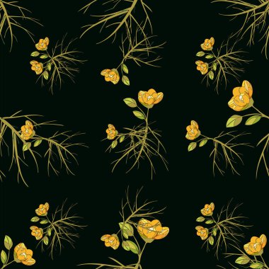 Çiçeksiz suluboya desen. çiçekler, yapraklar, siyah arkaplanda dallar.