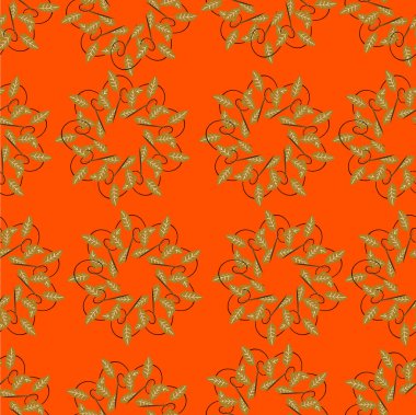 Kırmızı turuncu yaprakları ve kahverengi arka planda çiçekleri olan kusursuz bir desen.