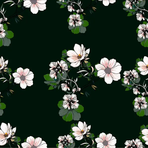 Beyaz çiçekli ve yapraklı kusursuz çiçek deseni