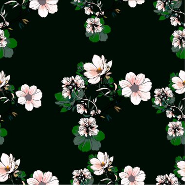 Siyah, yeşil ve beyaz amberçiçeği desenli kusursuz çiçek deseni.