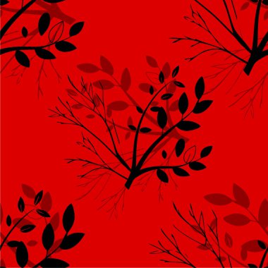 Kırmızı arkaplanda yaprakları olan kırmızı dal.