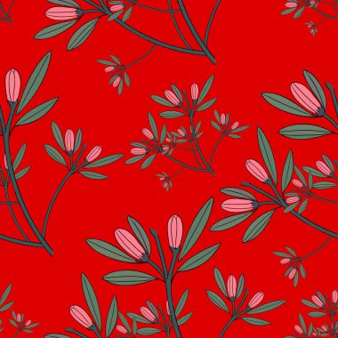 Vektör kusursuz desen. El çizimi kırmızı yapraklar ve çiçekler.