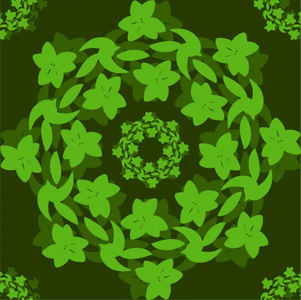 Vektör çizimi. Çiçek süsü. Yeşil yapraklı kusursuz desen, yuvarlak çerçeve, yeşil arka planda çerçeve. Duvar kağıtları, tekstil, ağ tasarımı için