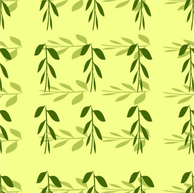 Açık sarı arkaplanda yeşil yapraklı pürüzsüz desen.