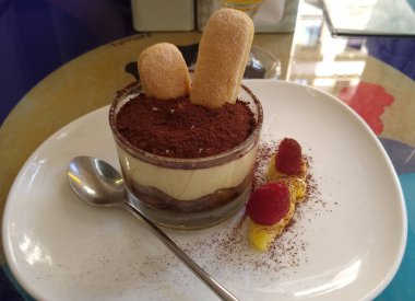 Dondurma ve çikolatalı kek tabakta.