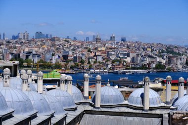 İstanbul, Galata Kulesi 'nden hindi manzarası, İstanbul' daki cami ve bosporus.