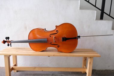 Beyaz bir duvarın önünde çello ve tahta sandalye.