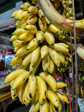 Fresh ripe bananas hanging at the Flamboyan market clipart