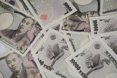 Japon 10,000 Yen banknotunun çeşitli açılardan çekilmiş yakın plan fotoğrafları. Grafik tasarımı, illüstrasyon ya da çarpıcı bir görsel öğe ve daha fazlasını gerektiren projeler için mükemmel..