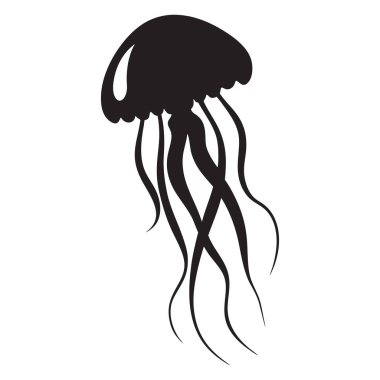 Bu görüntü, yuvarlak bir çan şeklinde vücudu ve ince noktalara konik uzun, akıcı dokunaçları olan bir denizanasının siyah siluetidir. Tasarım basit ve minimalist, bunu logolar, simgeler veya dekoratif sanat eserleri için uygun hale getiriyor..