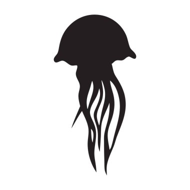 Bu görüntü, yuvarlak bir çan şeklinde vücudu ve ince noktalara konik uzun, akıcı dokunaçları olan bir denizanasının siyah siluetidir. Tasarım basit ve minimalist, bunu logolar, simgeler veya dekoratif sanat eserleri için uygun hale getiriyor..