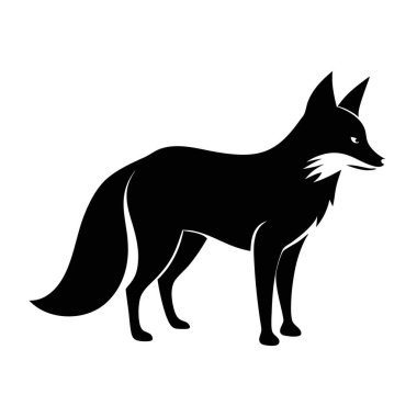 This is a black silhouette of a fox, depicted in a standing position. The fox has a bushy tail, pointed ears, and distinct fur markings around the neck, adding detail to the simple silhouette. clipart