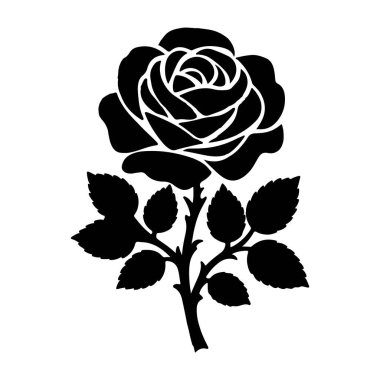 Bu görüntü, çiçeklenmiş bir gülün siyah bir silueti. Üzerinde katmanlı taç yaprakları olan belirgin bir çiçek yer alır. Sapı tırtıklı kenarlı birden fazla yaprak içeriyor, klasik ve zarif bir görünüm yaratıyor..