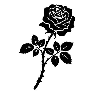 Bu görüntü, çiçeklenmiş bir gülün siyah bir silueti. Üzerinde katmanlı taç yaprakları olan belirgin bir çiçek yer alır. Sapı tırtıklı kenarlı birden fazla yaprak içeriyor, klasik ve zarif bir görünüm yaratıyor..