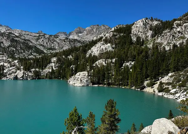 Inyo Ulusal Ormanı 'ndaki patikalar, John Muir Wilderness, güneşli bir günde dağ gölü, dağların arkasındaki dağ ormanları ve berrak bir göl, bulutsuz bir gökyüzüne karşı turkuaz göl.