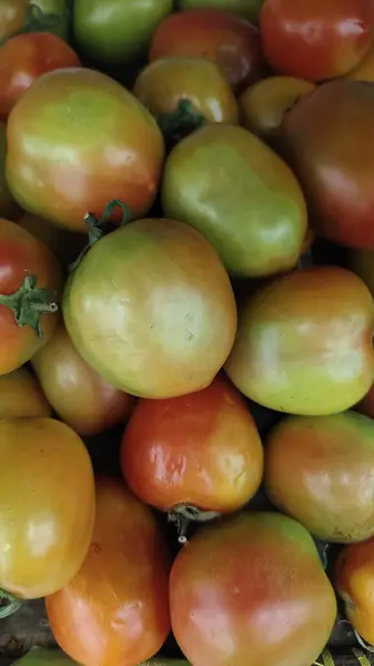 Pazarda satılık taze domates yığını.