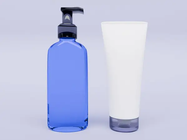 bottle of shampoo and blank label for product or advertising on white background, mockup