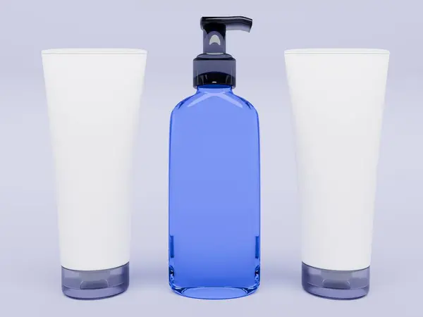 cosmetic bottles on blue