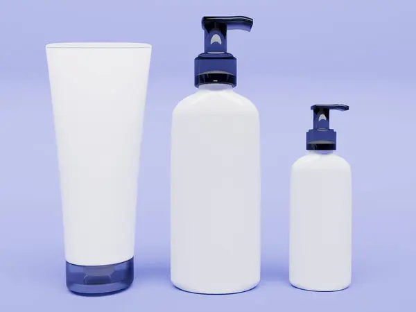 Mavi arka planda kozmetik şişeleri.