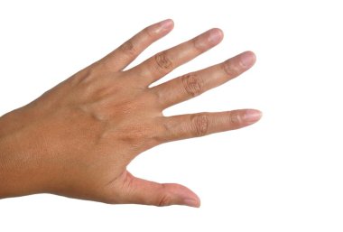 Bir el beyaz arka planda izole edilmiş beş parmak gösteriyor. İmza, beş numara. Kapat.